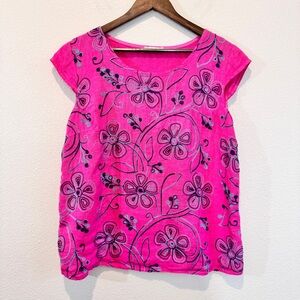 Made In Italy Linen Hot Pink Embroidered Floral Tunic Top Boho Resortwear XL